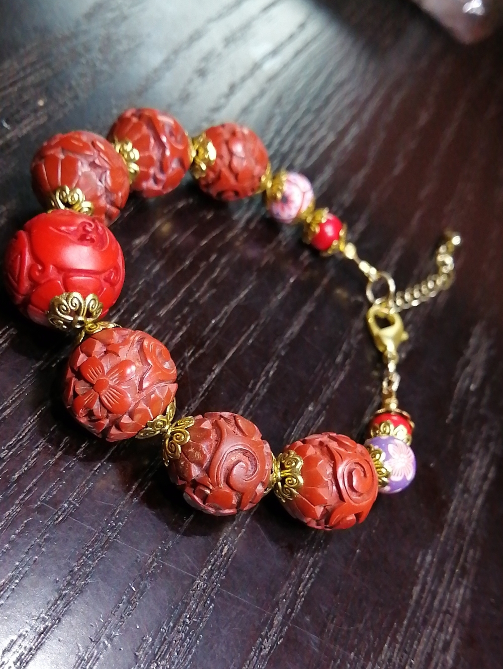 Antique Chinese Red Carved Cinnabar Adjustable Bracelet/Anklet